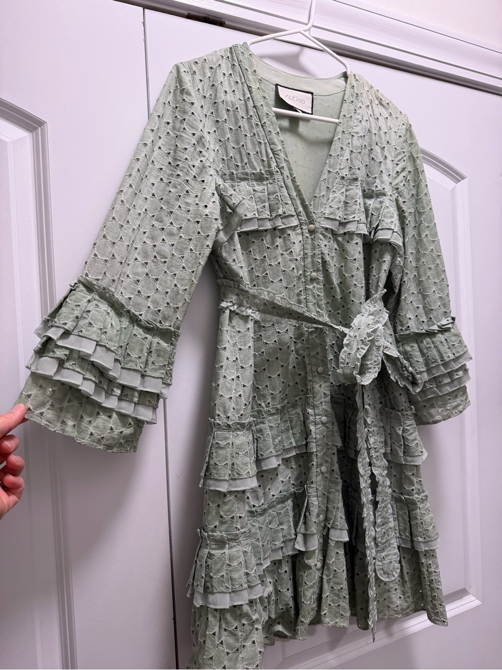 Alexie Sage Green Eyelet Ruffle Mini Dress